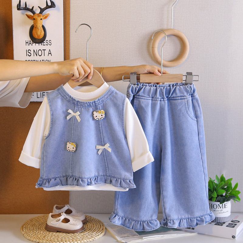 Girls' Autumn Outfit 2026 Spring-Autumn New Style Children's Long-Sleeve Bowknot Kitten Three-Piece Set for Stylish Babies