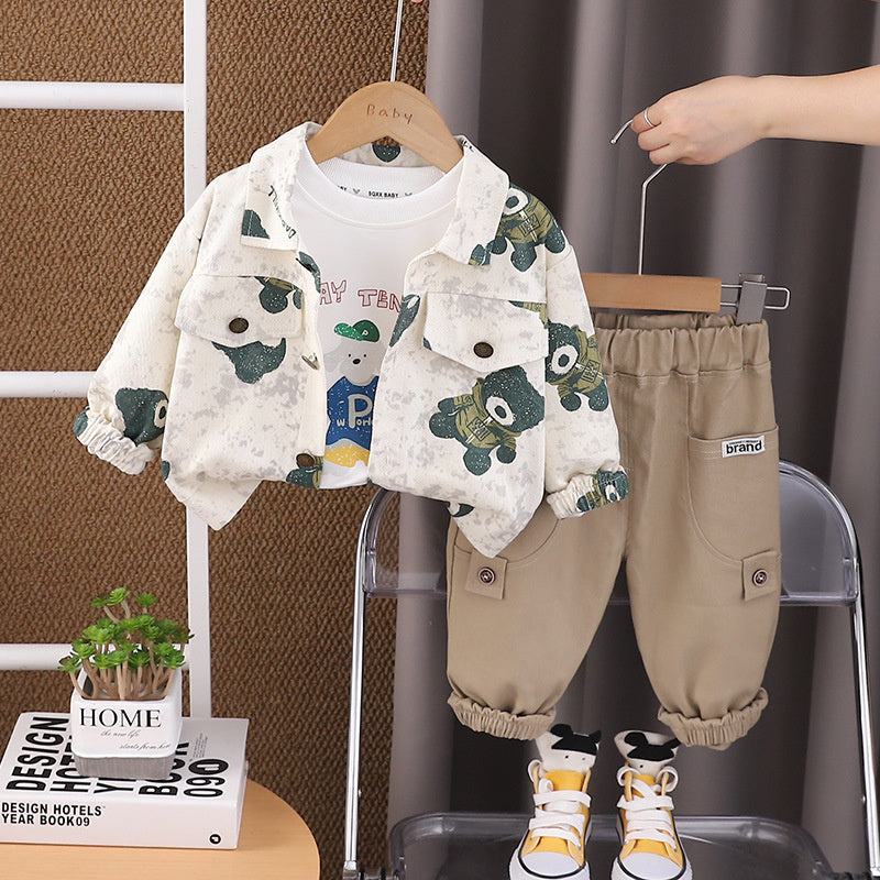 Children's Clothing Boys Spring and 2024 New Full Print Bear Workwear Three-Piece Set Baby Autumn Toddler Clothes Kids