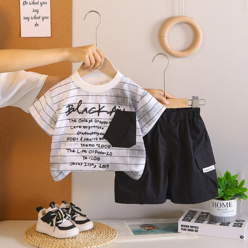Boys' Outfit 2026 New Fashionable Two-Piece Set Baby Summer Striped Letter Pocket Short Sleeve Infant Trendy Clothing