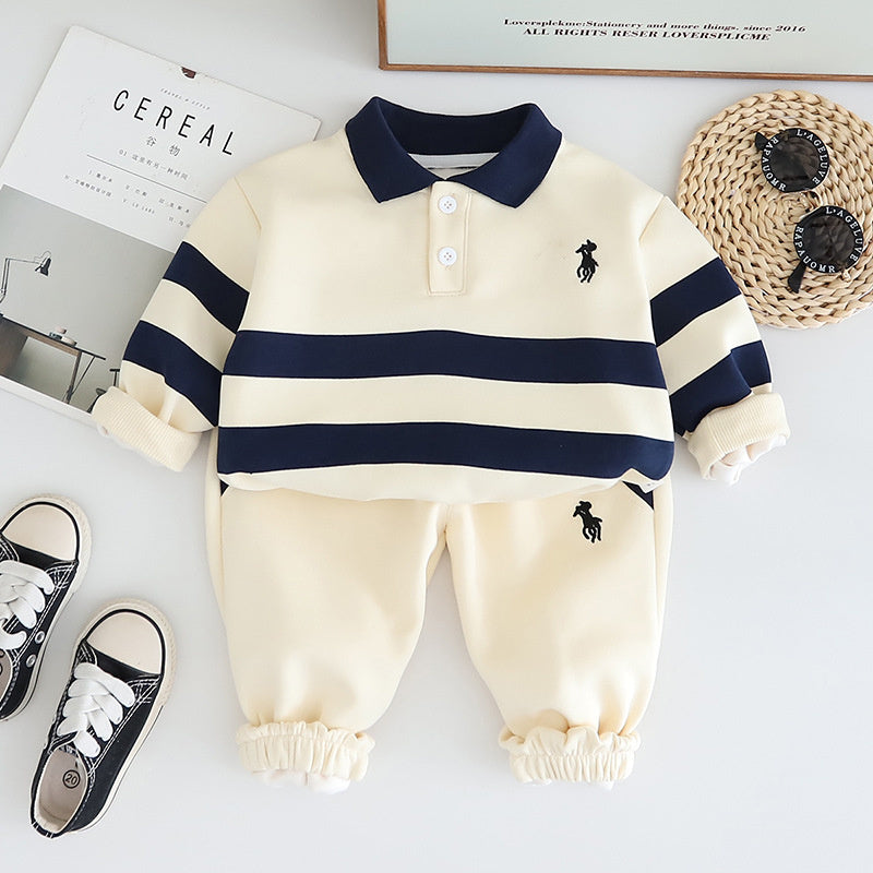 Boys' and Autumn Outfit Baby Spring Clothes Infant Children's Clothing New Embroidered Striped Polo Two-Piece Set for Boys