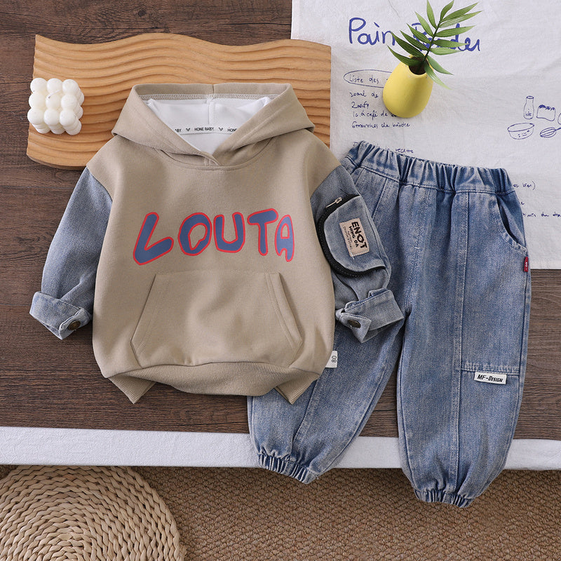 Boys' Outfit 2026 Model Spring Autumn Clothes for Infants and Toddlers, Stylish Casual Denim Patch-Sleeve Two-Piece Set Trendy