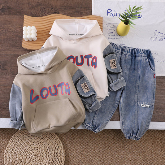 Boys' Outfit 2026 Model Spring Autumn Clothes for Infants and Toddlers, Stylish Casual Denim Patch-Sleeve Two-Piece Set Trendy
