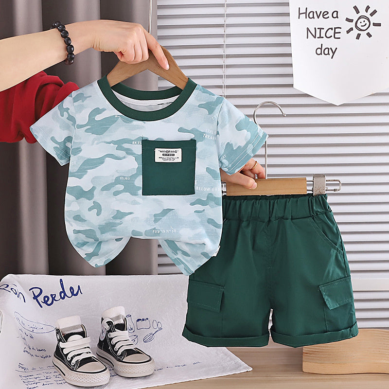 Boys' Short-Sleeve 2026 New Summer Outfit Baby Stylish Korean Version Children's Round Neck Pocket Two-Piece Set Trendy