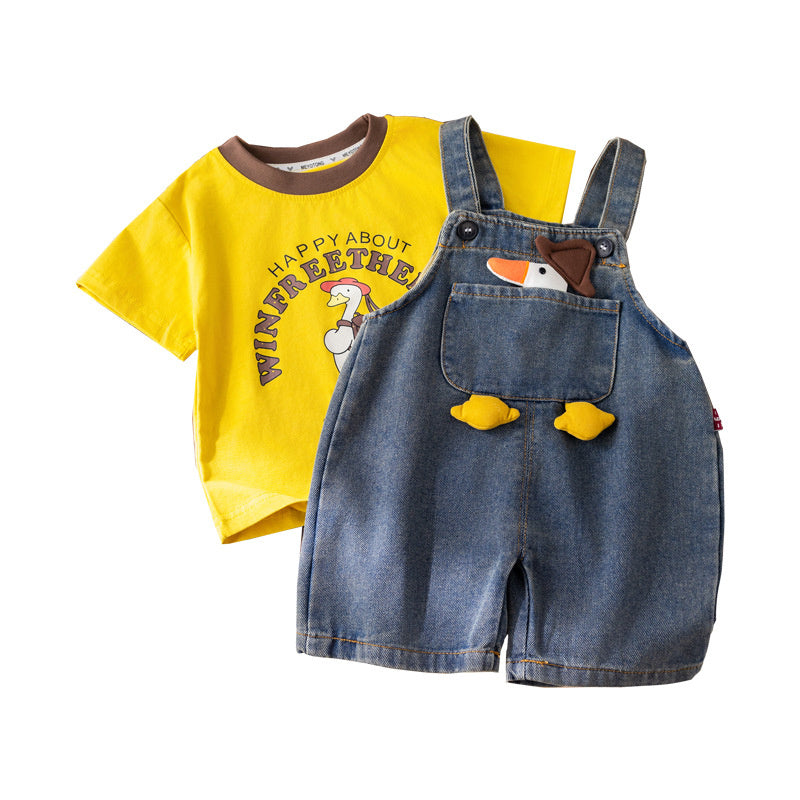 Children's Duck Denim Overalls 2025 New Boys' Summer Thin Short Sleeve Two-Piece Set Trendy