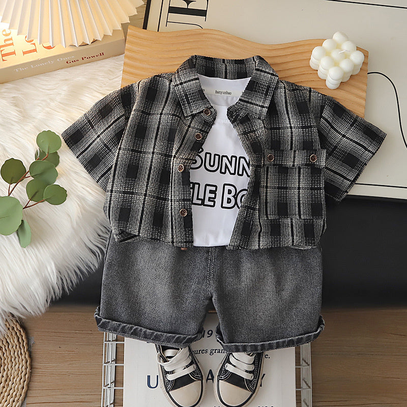 Children's clothing boys, suit 2026 new style, baby summer outfit, plaid short-sleeve shirt, stylish casual wear for boys