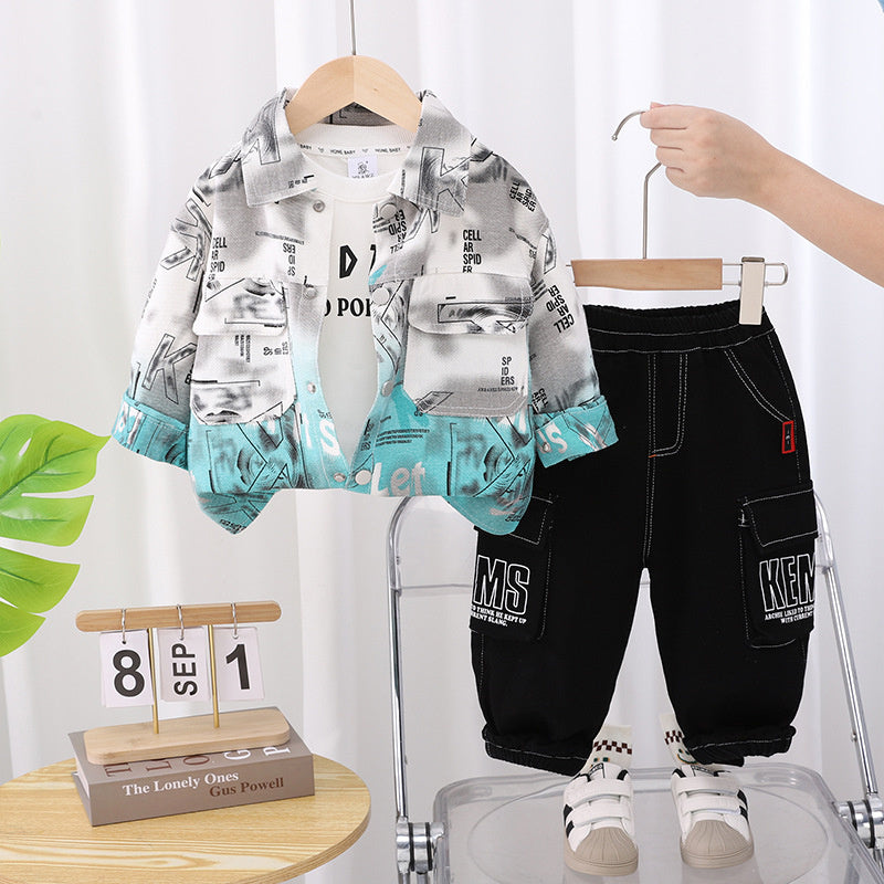 Denim 2025 Autumn Stylish Boys' Long Sleeve Full Printed English Gradient Three-Piece Set Trendy