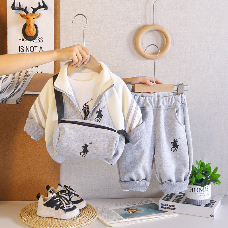 Boys' Casual Sports Suit Korean Style Fashionable Baby Patchwork Embroidery Three-Piece Spring Autumn Children's Outfit