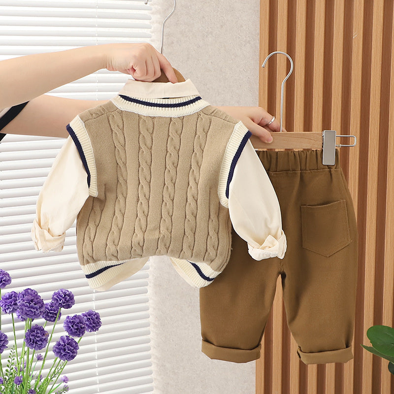 Boys' Autumn Outfit with Tie B-Line Sweater Three-Piece Set 2023 New Style for 1-2-4 Year Olds Casual Fashionable Children's Clothing