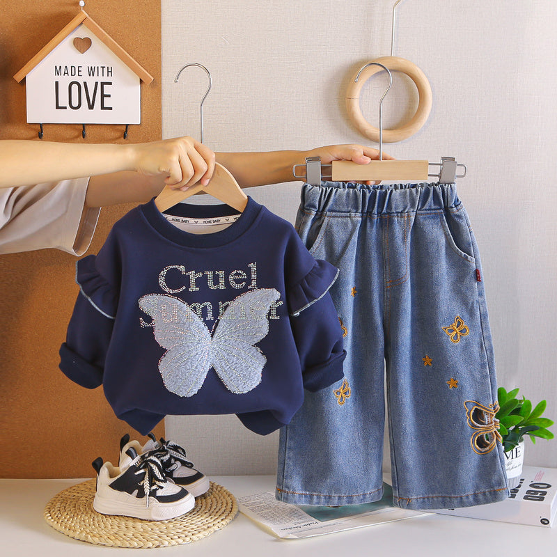 2026 Spring and New Korean Style Outfit Girls, Autumn Hollow Butterfly Jeans, Stylish Two-Piece Set for Babies