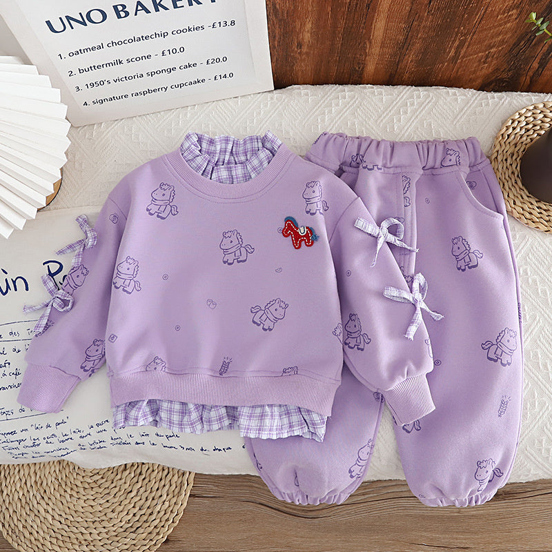 Girls' and Autumn 2026 New Stylish Children's Clothing Full Print Pony Sweatshirt Spring Outfit Baby Girl Long Sleeve Two-Piece Set