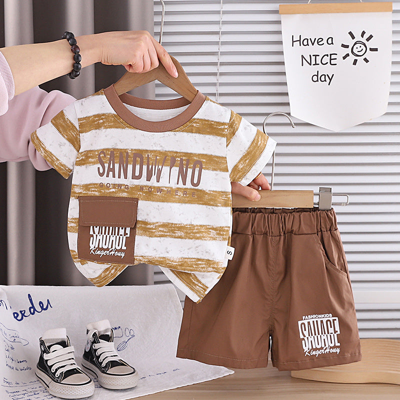 Boys' Striped Casual Short-Sleeve 2026 New Summer Outfit Baby Korean Style Children's Thin Two-Piece Trendy Set