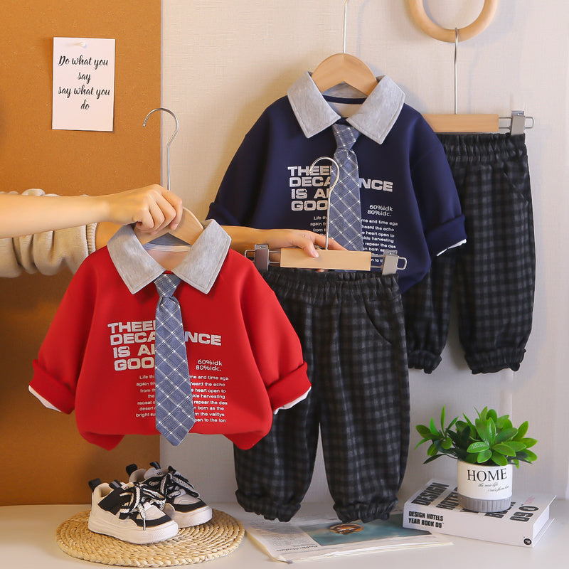 2026 New Boys' Outfit: Tie, English Collar Sweatshirt, Spring Long-Sleeve Two-Piece Set, Trendy Children's Clothing