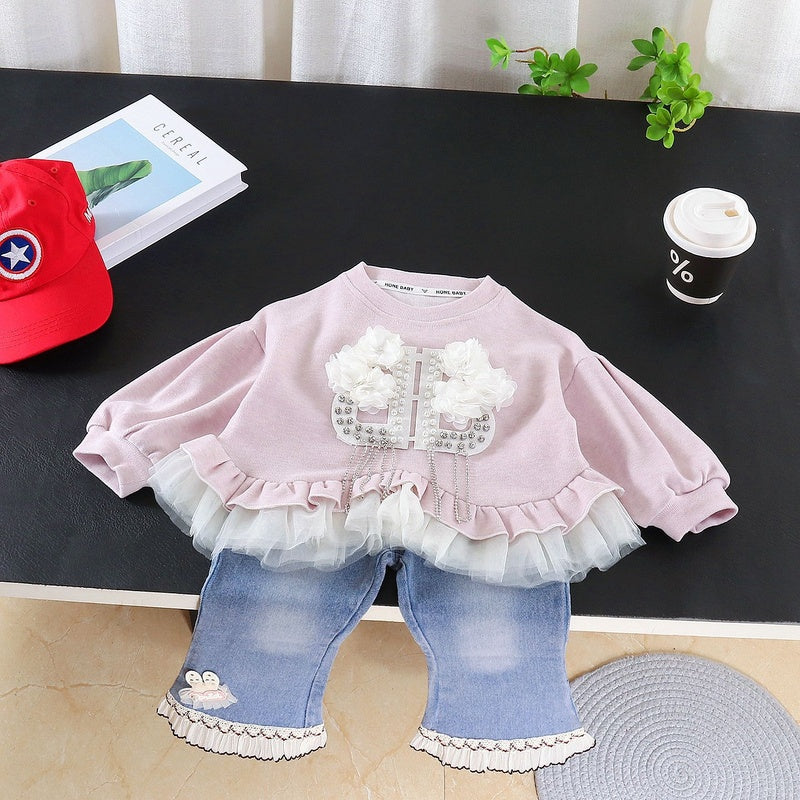 Girls' Outfit 2026 New Style Baby Girls Toddlers, Stylish Korean Version with Floral Lace Two-Piece Set for Spring and Autumn
