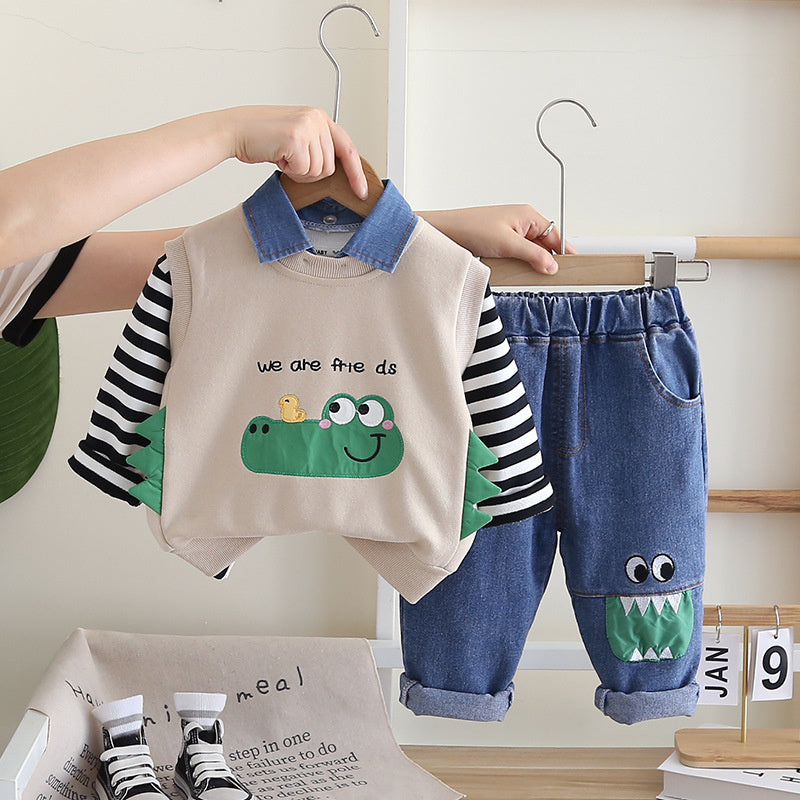 Children's Clothing Boys' 2024 New Cute Crocodile Vest Three-Piece Set Baby Autumn Stylish Cartoon Kids