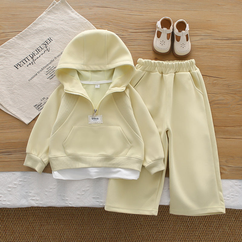 Girls' half-zip hoodie sweatshirt set, stylish new 2026 baby clothing, children's spring and autumn two-piece trendy outfit