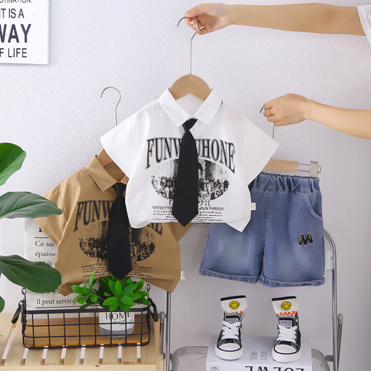 Boys' Outfit Set with Tie and Short-Sleeve Shirt 2026 New Stylish Children's Clothing for 3-Year-Old Boys in Summer