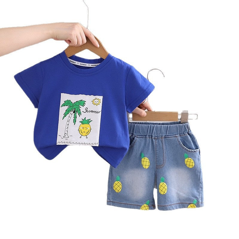 Boys' Outfit 2026 New Fashionable Toddler Baby Summer Pineapple Round Neck Short Sleeve Thin Cartoon Clothes