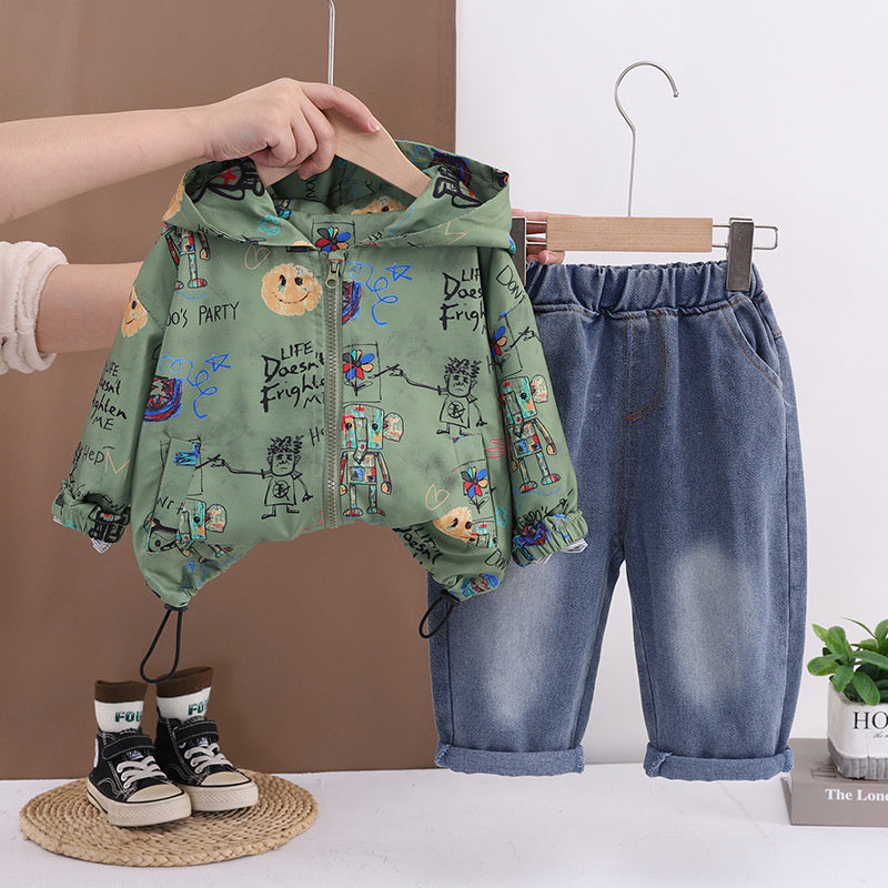 Children's clothing outfit new style baby boys' spring and autumn stylish graffiti bear jacket two-piece set