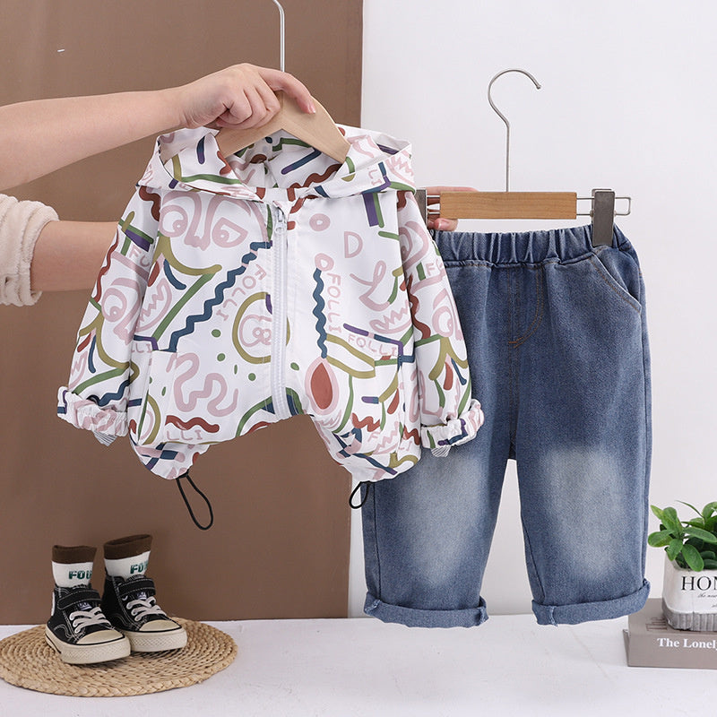 Boys' Outfit for Spring and Autumn 2026 New Graffiti Line Jacket, Long Sleeve Baby Korean Style Two-Piece Set Trendy