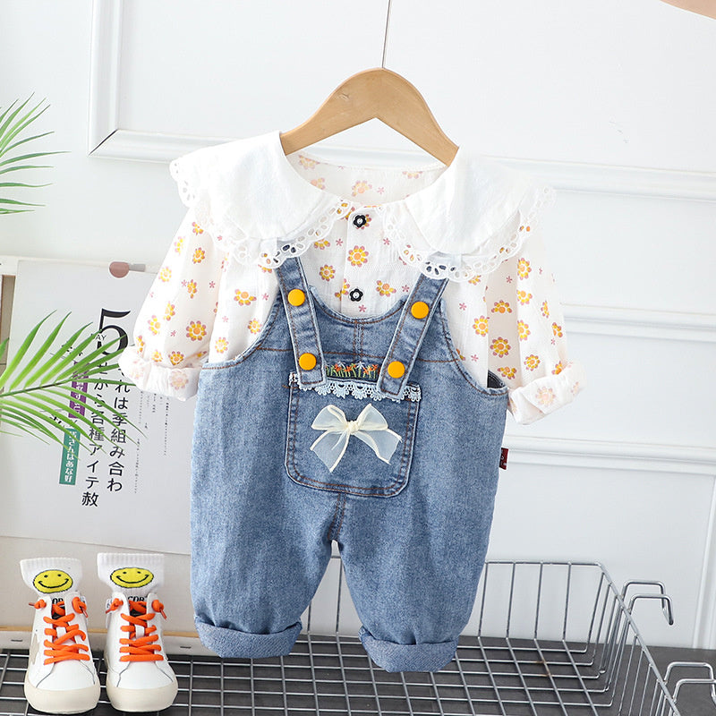 Wuxiaoqi Children's Clothing 2025 Spring and Autumn New Style 0-5 Years Old Girls' Small Floral Doll Collar Denim Strap Two-Piece Set