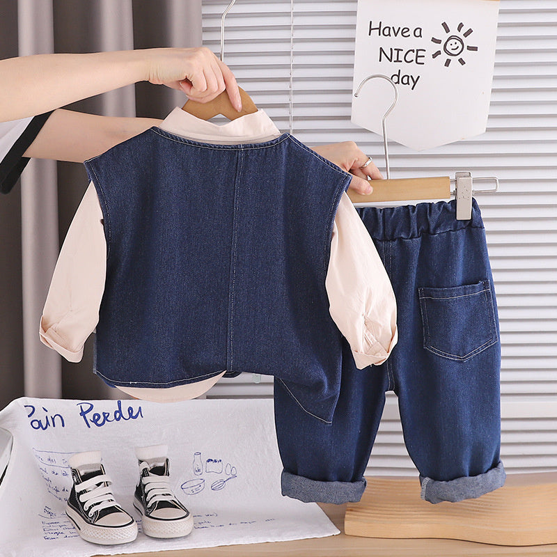 Children's Outfit 2026 New Spring and Autumn Little Duck Denim Vest Three-Piece Set 0-5 Year Olds, Trendy for Young Children