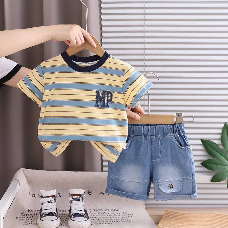 Boys' Outfit 2026 New Style Children's Striped Short-Sleeve Fashionable Baby Summer Thin Two-Piece Set Trendy