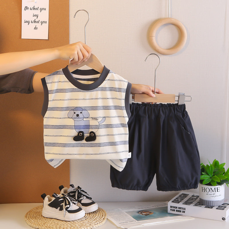 Baby Outfit Set 2026 New Model Boys' Striped Buttoned Puppy Vest Shorts Infant Children's Clothing Toddler Summer Wear
