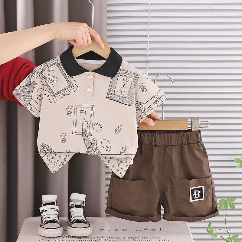 Boys' Outfit 2026 New Style Children's Summer Casual Lapel Graffiti Short Sleeve Two-Piece Set for Boys