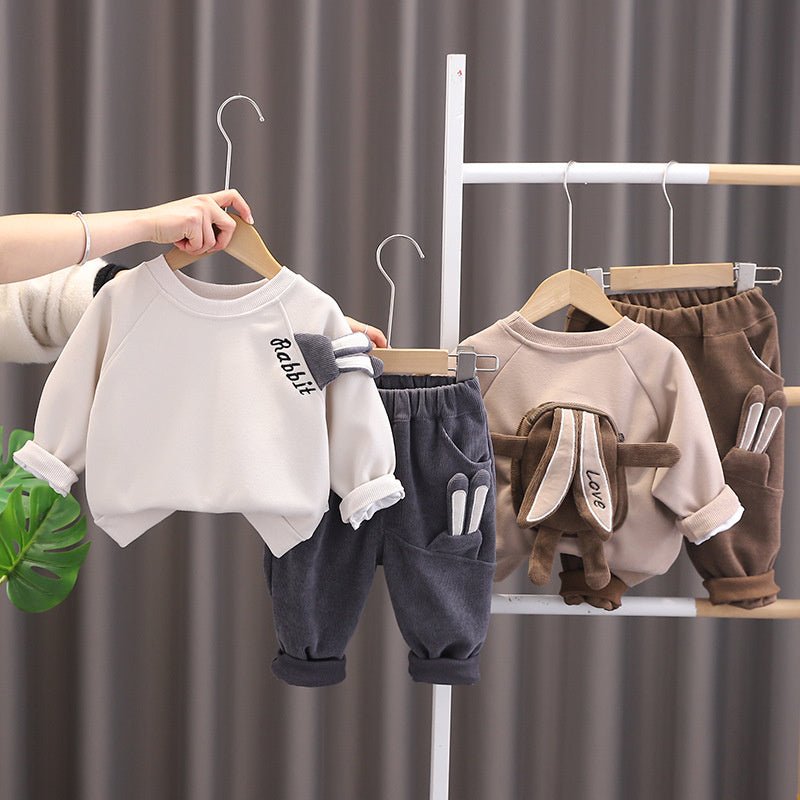 Children's Sweatshirt 2024 New Baby Spring and Autumn Clothes Cute Rabbit Bag Two-Piece Set Trendy