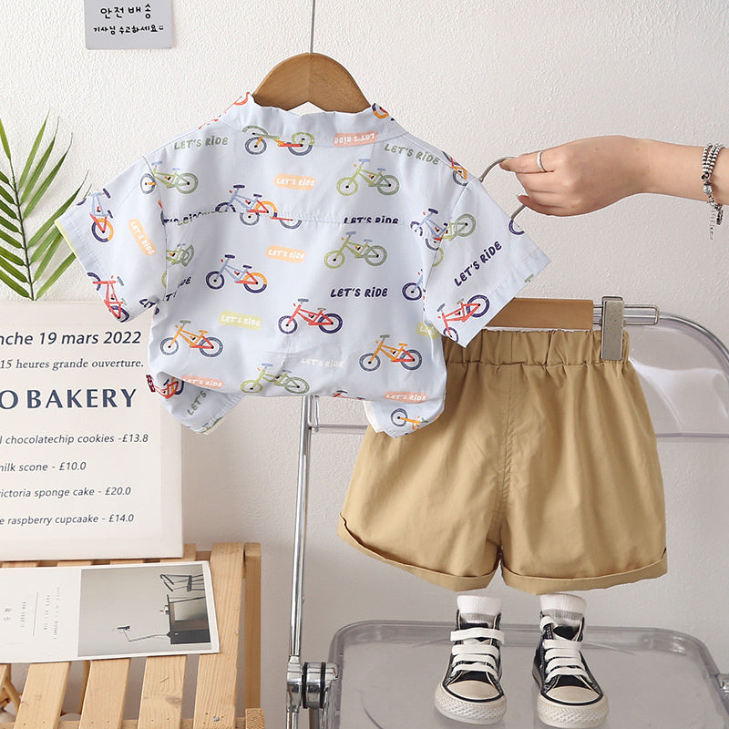 Boys' Outfit 2026 New Fashionable Baby Bicycle Short-Sleeve Shirt Three-Piece Set Summer Clothes Children's Wear