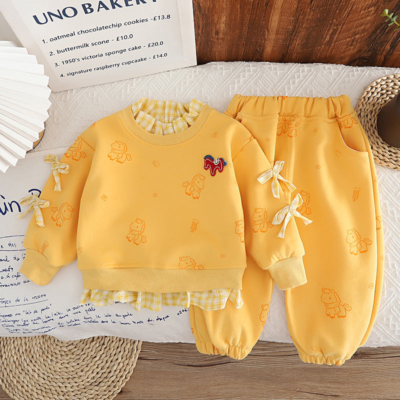 Girls' and Autumn 2026 New Stylish Children's Clothing Full Print Pony Sweatshirt Spring Outfit Baby Girl Long Sleeve Two-Piece Set
