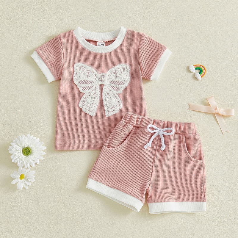 New foreign trade girls' outfit 2026 summer lace bow short-sleeve shorts simple two-piece set