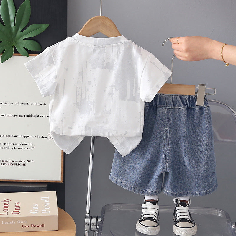 Boys' Outfit 2026 New Style: Toddler Summer Tie-Dye Letter Print Short Sleeve Shorts Two-Piece Set, Stylish and Trendy for Babies