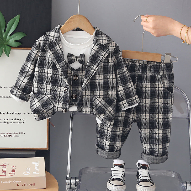 Baby Boy Spring and Autumn Stylish 3-Piece Children's Clothing Set: Infant Plaid Vest Suit for 1-Year-Old Boys