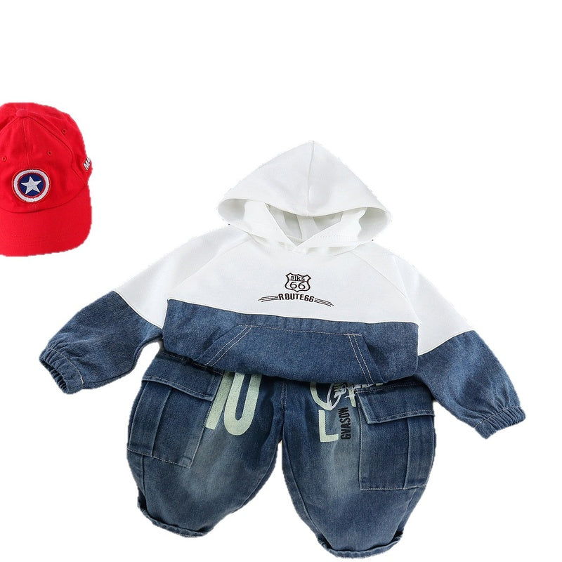 Boys' Outfit 2026 New Spring Autumn Clothes for Infants and Children Denim Patchwork Hoodie Casual Two-Piece Trendy Set