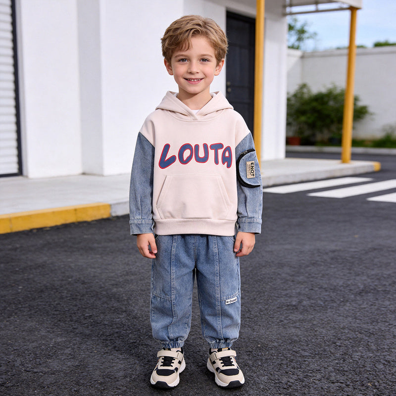 Boys' Outfit 2026 Model Spring Autumn Clothes for Infants and Toddlers, Stylish Casual Denim Patch-Sleeve Two-Piece Set Trendy
