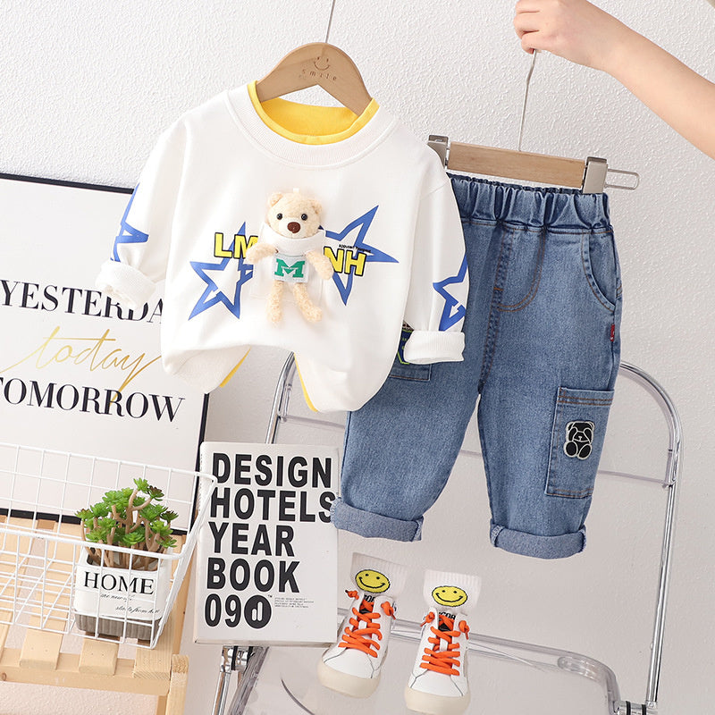 Korean Version New Spring Autumn Boys and Girls Children Baby Two-piece Cartoon Round Neck Bear Five-pointed Star Long-sleeved Children's Set
