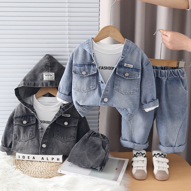Boys' Outfit 2026 New Fashionable Casual Hooded Denim Three-Piece Set for Boys Spring and Autumn Trendy