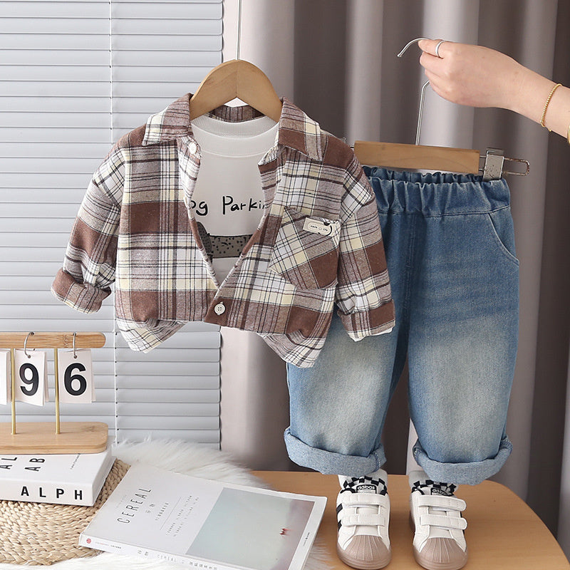 Boys' stylish casual outfit with pocket label shirt three-piece set, Korean-style children's clothing, baby spring and autumn long-sleeve