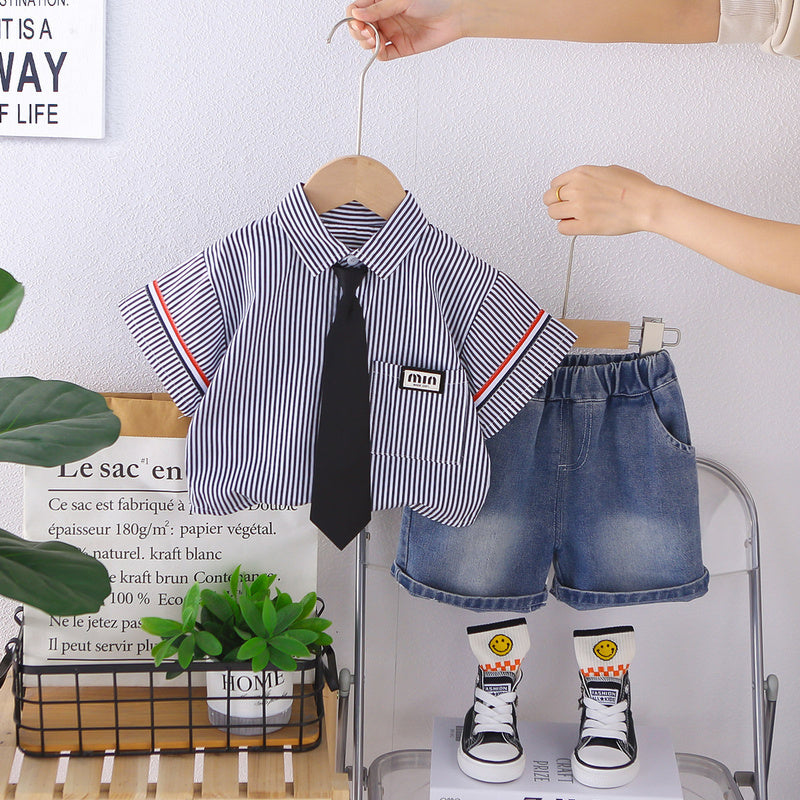 Boys' Outfit 2026 New Style Children's Clothing Summer Fashionable Baby Tie Shirt Short Sleeve Two-Piece Set
