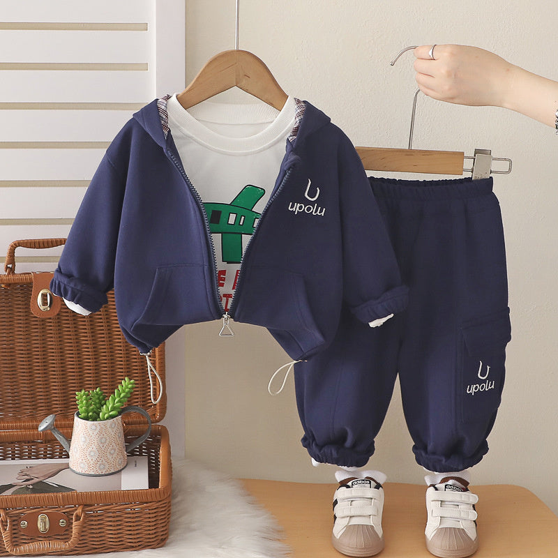 Boys' Outfit 2026 New Fashionable Children's Clothing Spring and Autumn Cartoon Airplane Three-Piece Set