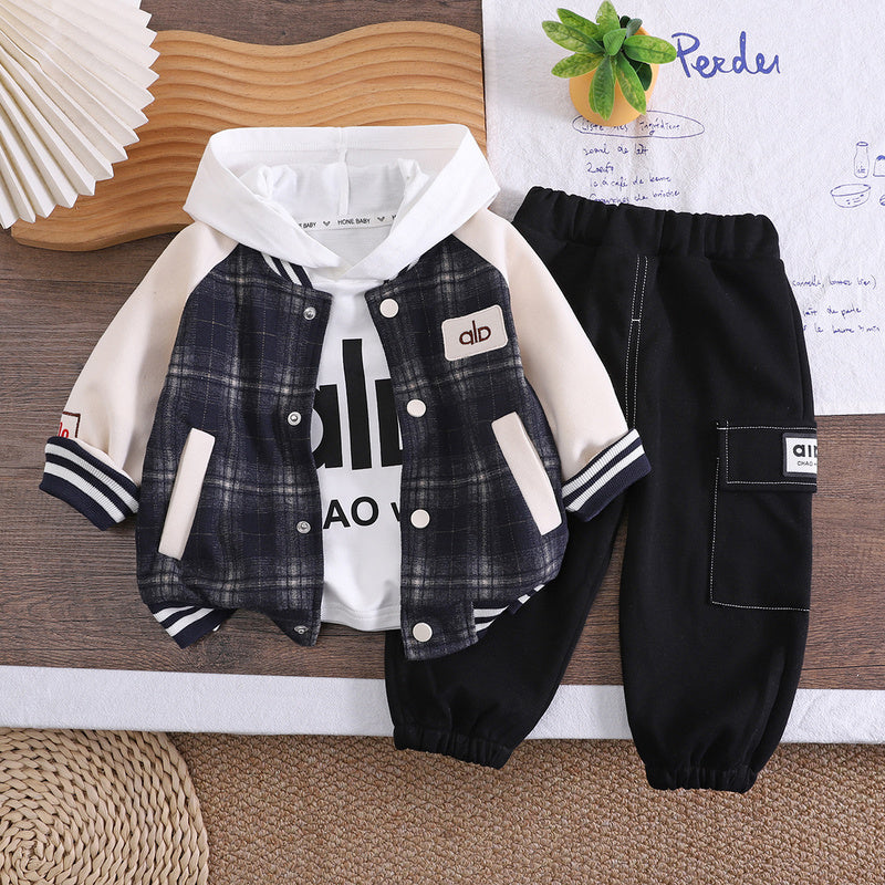 Boys' Outfit 2026 New Fashionable Children's Spring and Autumn Hooded Baseball Jacket Three-Piece Set Baby Trendy Clothing