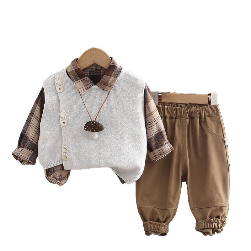 Boys' Spring Outfit 2025 New Style 0-1-5 Years Old Baby Double Button Large Plaid Vest Three-Piece Set Fashionable