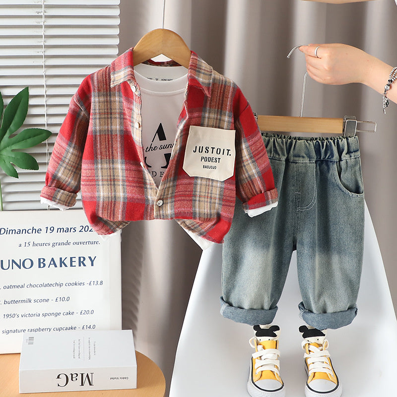 Boys' 2025 Outfit 1-2-3 Years Old Baby Color Block Shirt Jacket Children's Spring Autumn Three-Piece Set Kids' Clothing