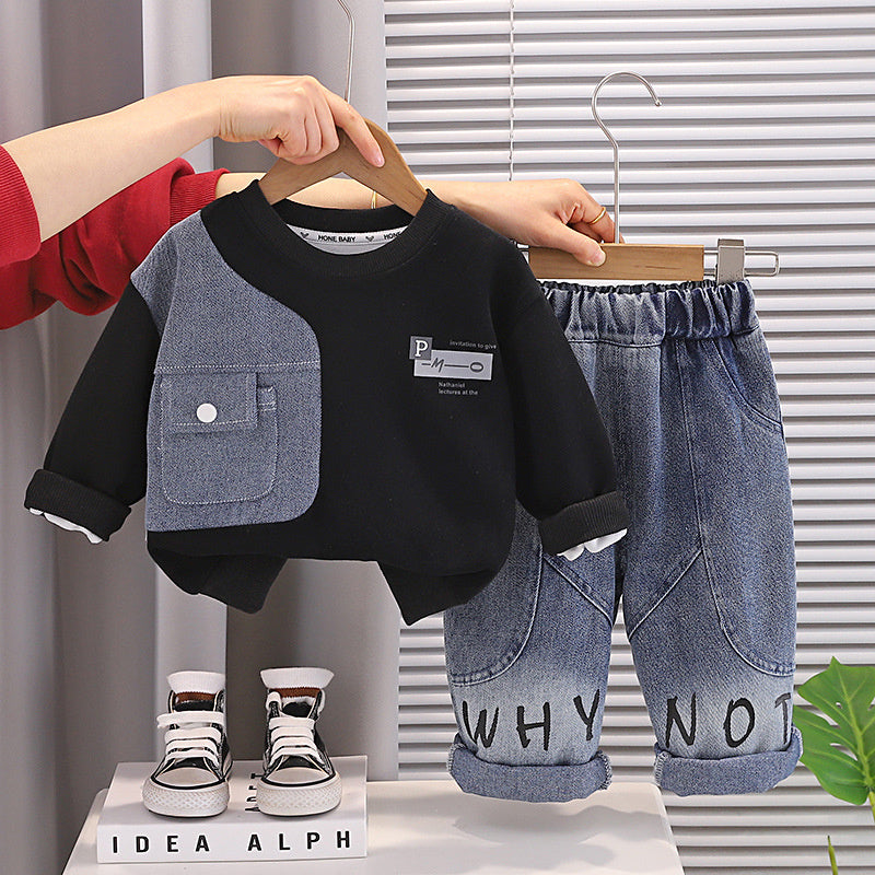 Boys' Autumn Outfit 2026 New Denim Patchwork Sweatshirt Two-Piece Set Stylish Toddler Clothes for Children