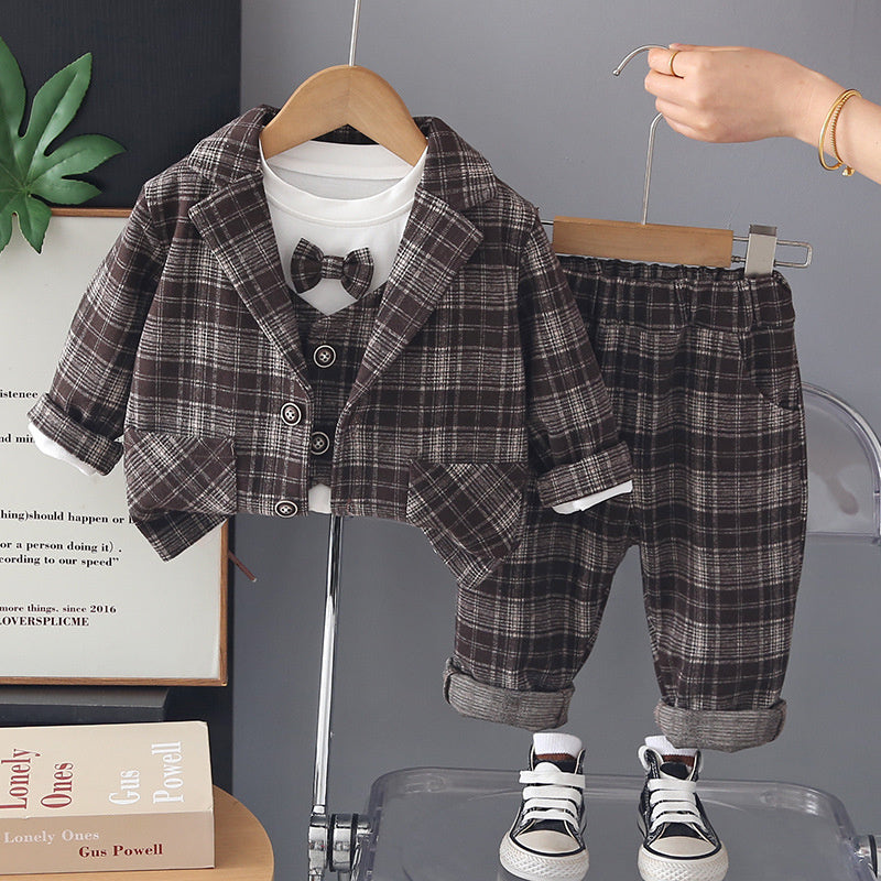 Baby Boy Spring and Autumn Stylish 3-Piece Children's Clothing Set: Infant Plaid Vest Suit for 1-Year-Old Boys
