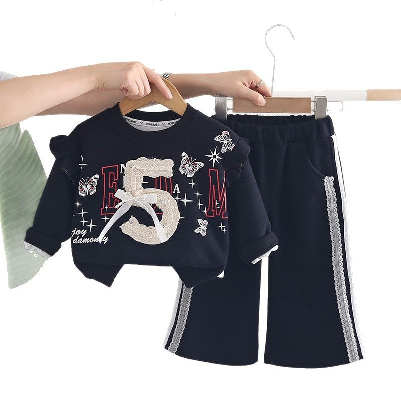 Girls' Fashionable Sporty Digital Print Bow Sweatshirt Set Baby Autumn Stylish Infant Children's Clothing Wholesale