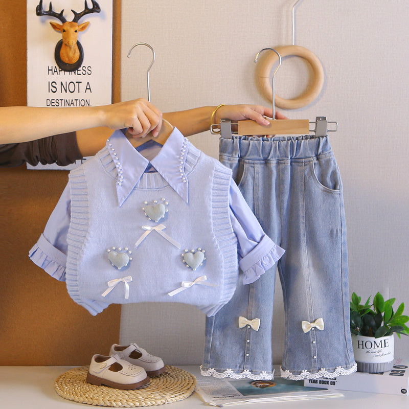 Girls' Outfit 2026 New Children's Spring and Autumn Long-Sleeve Heart Pattern Sweater Three-Piece Set for Young Children