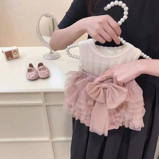 Girls' Summer New Outfit 2025: Stylish Children's Knitted Hollow Sleeveless Top and Popular Cake Mesh Skirt