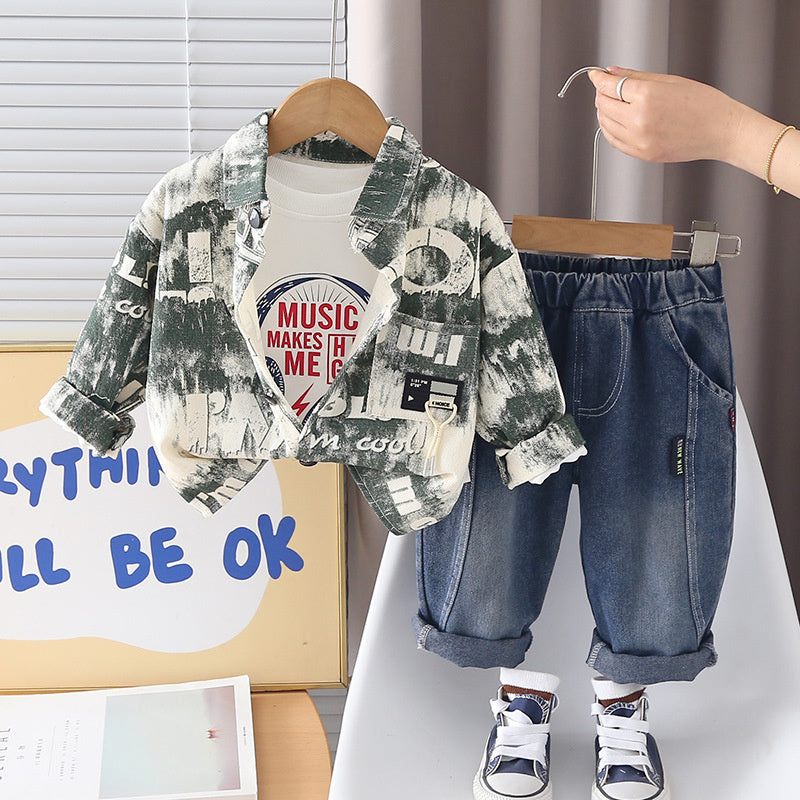 Boys' Suit and Autumn Style Baby Spring 2026 New Fashionable Letter Print Jacket Three-Piece Casual Children's Outfit